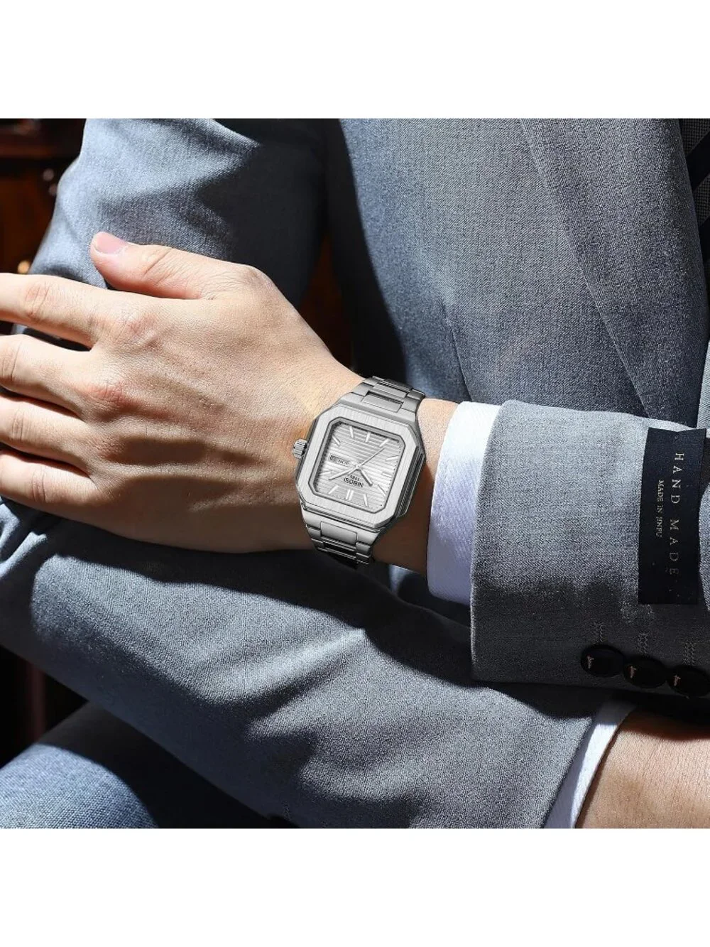 Men's Silver Square Analog Quartz Stainless Steel Waterproof Dress Wrist Watch